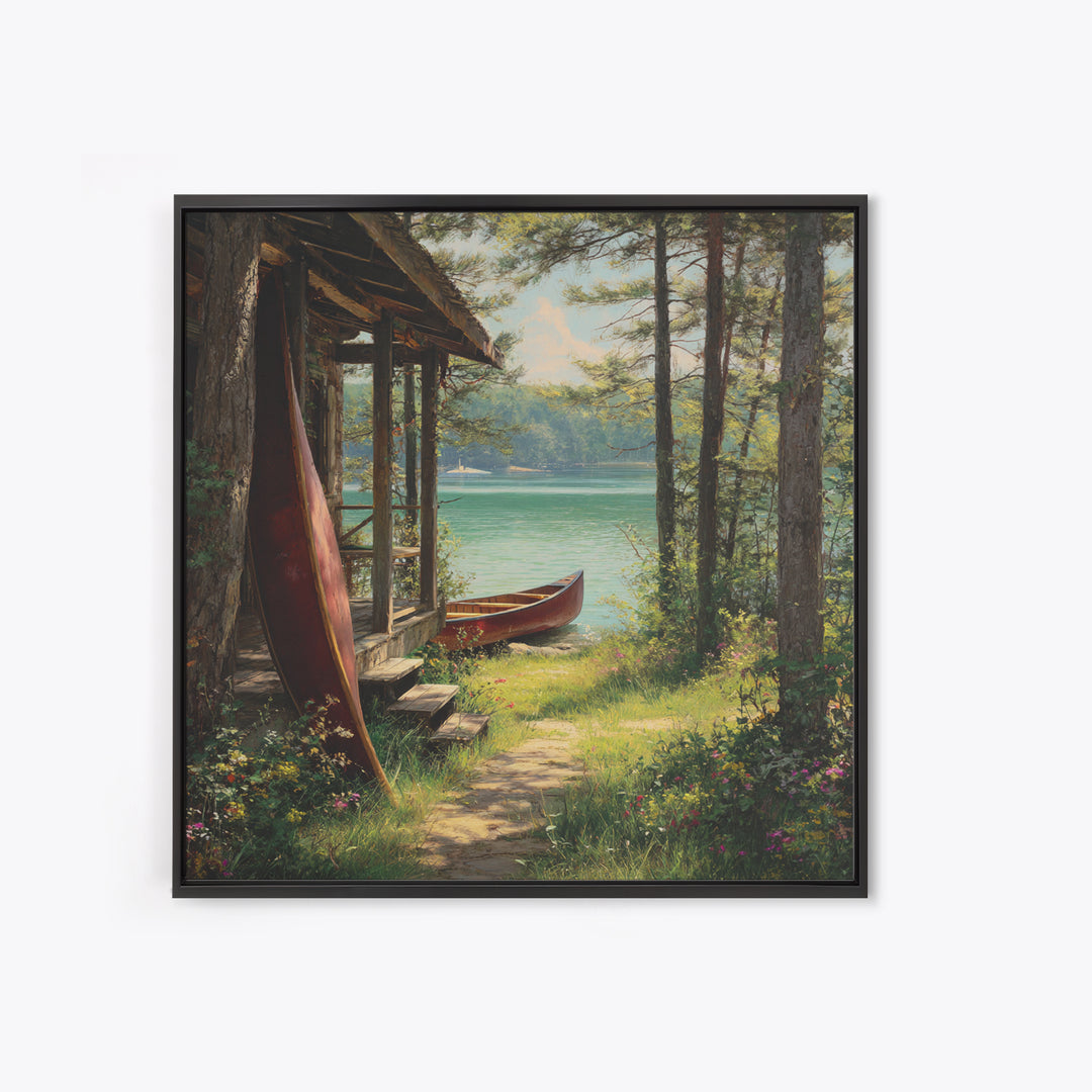 Lakeside Cabin With Red Canoes Framed Canvas Print, Rustic Lake House Wall Art, Cozy Nature Decor, Peaceful Getaway Gift
