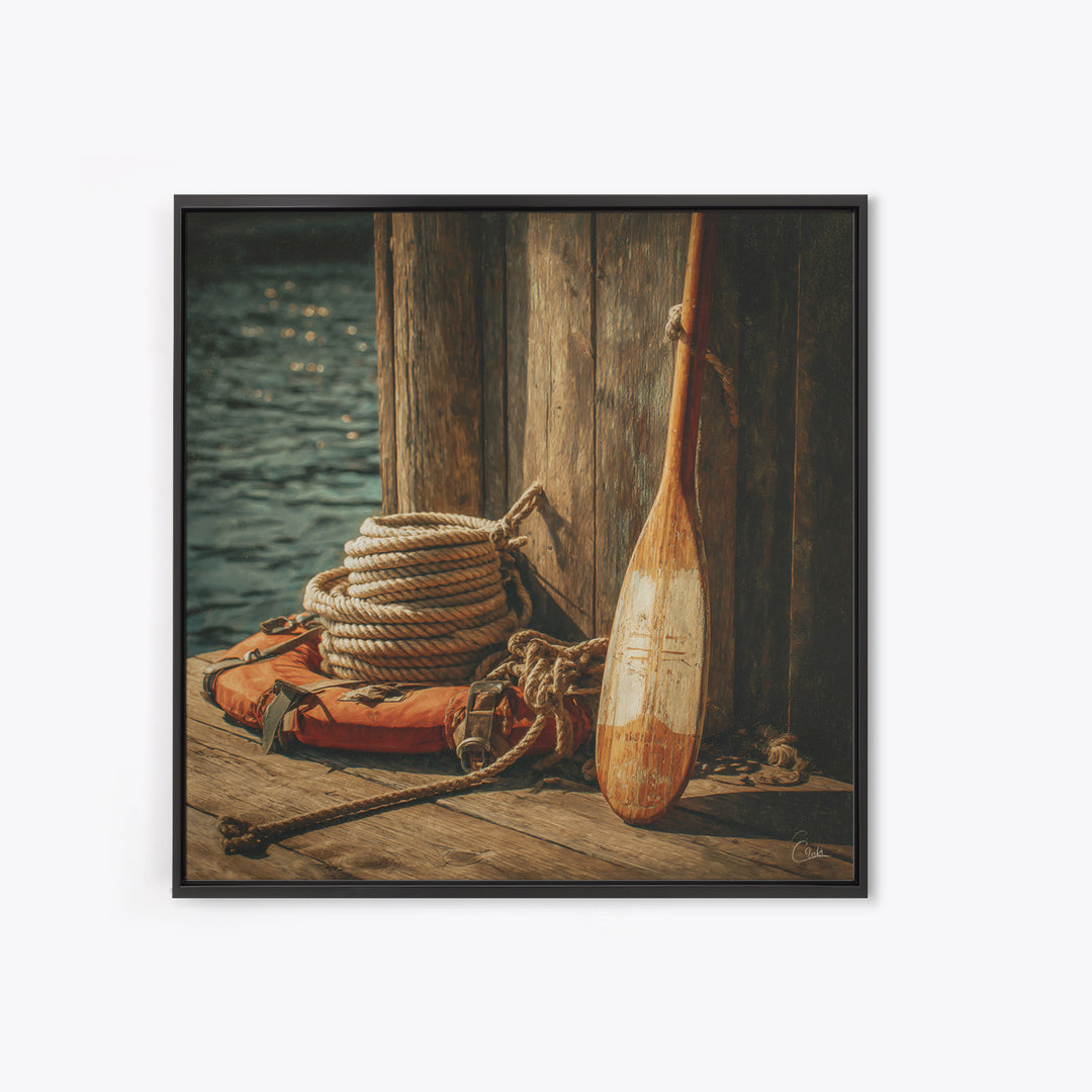 Weathered Oar And Coiled Rope Canvas Print, Nautical Wall Art, Rustic Coastal Decor, Seaside Lake House Gift For Boat Lovers