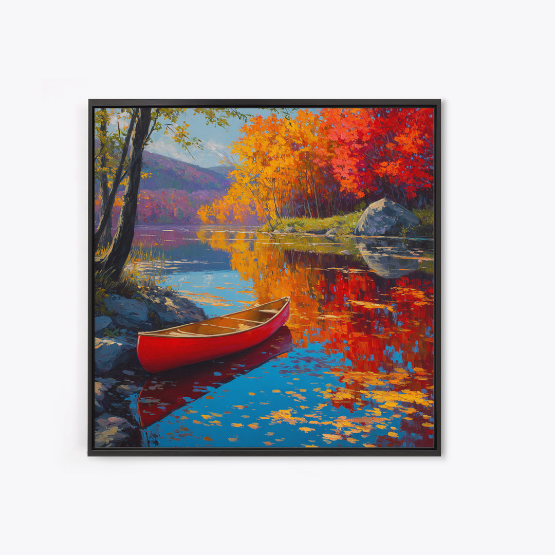 Red Canoe On Autumn Lake Wall Art, Colorful Fall Landscape Painting, Cabin Decor, Nature Wall Art, Housewarming Gift, Large Canvas Print