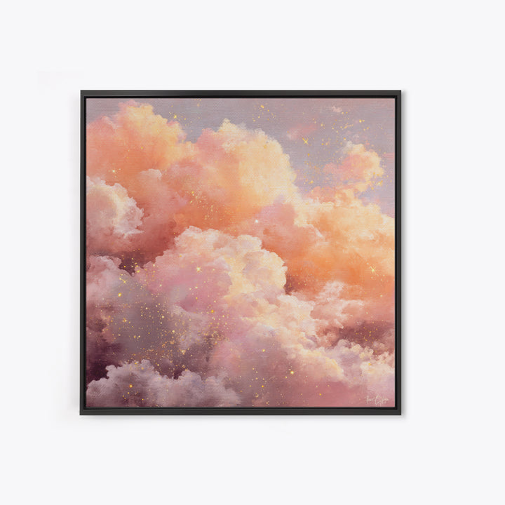 Blush Pink Celestial Clouds With Golden Stars Wall Art, Dreamy Sky Canvas, Pastel Bedroom Decor, Nursery Gift, Ethereal Home Decor