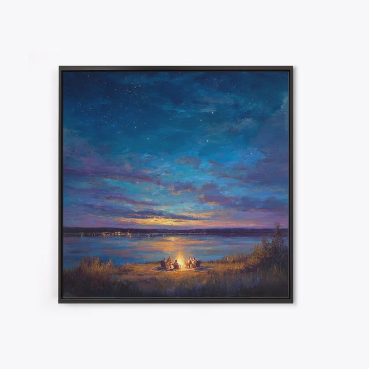 Starry Lakeside Campfire Canvas Print, Moody Night Sky Landscape Art, Cabin Wall Decor, Cozy Living Room Art, Housewarming Gift