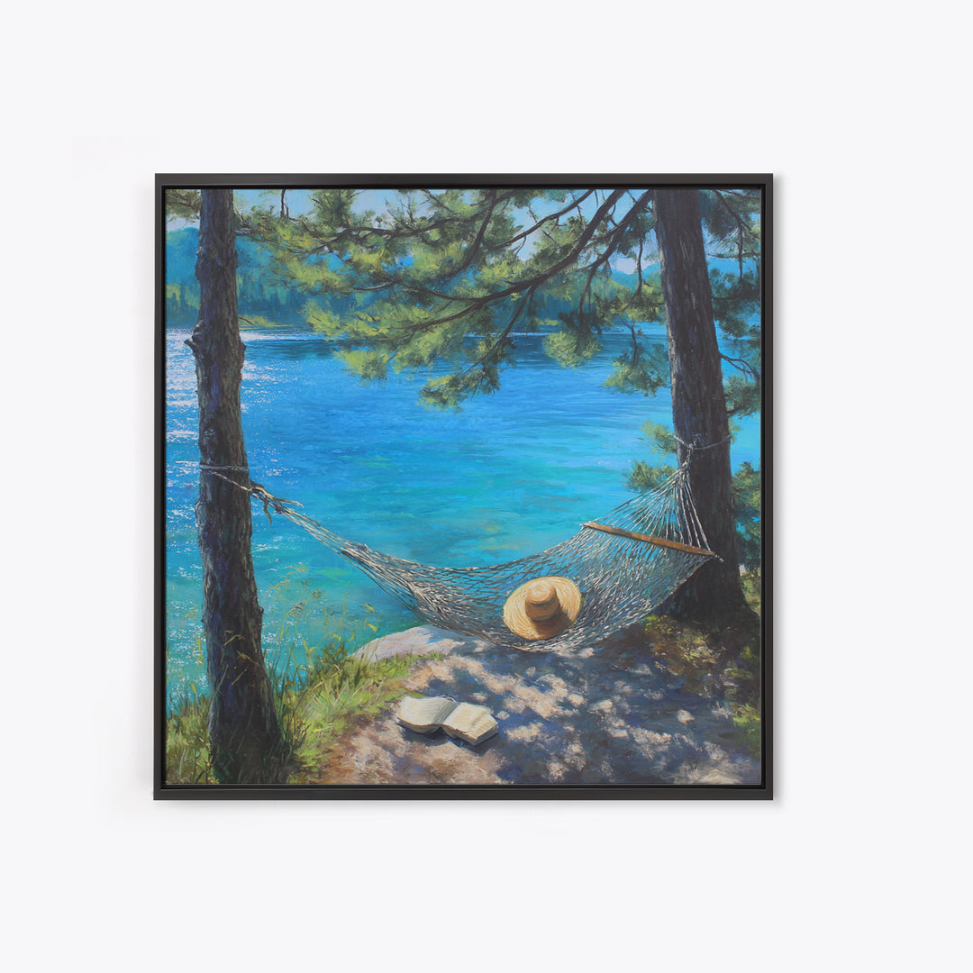 Pine Lake Hammock Reading Nook Wall Art, Coastal Lake House Decor, Peaceful Nature Canvas Print, Relaxing Bedroom Art Gift