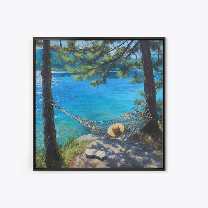 Pine Lake Hammock Reading Nook Wall Art, Coastal Lake House Decor, Peaceful Nature Canvas Print, Relaxing Bedroom Art Gift