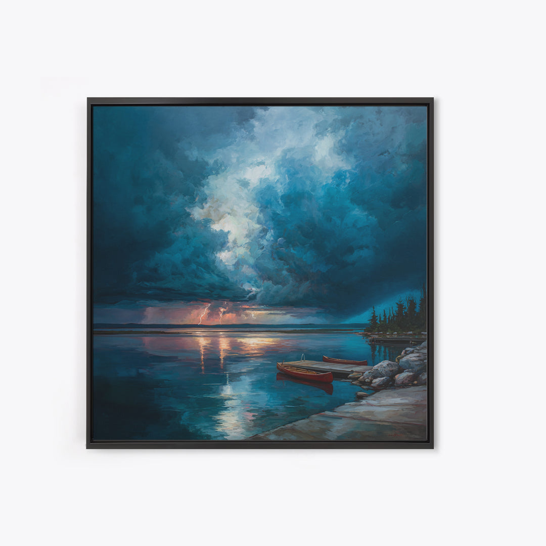 Moody Storm Over Lake With Canoes Canvas Print, Blue Seascape Wall Art, Dramatic Lightning Landscape, Cabin Decor, Nature Gift