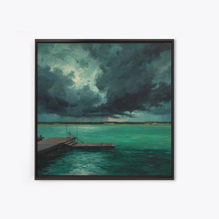 Stormy Turquoise Lake Dock And Dark Clouds Canvas Print, Moody Landscape Art, Coastal Wall Decor, Office Wall Art Gift For Him