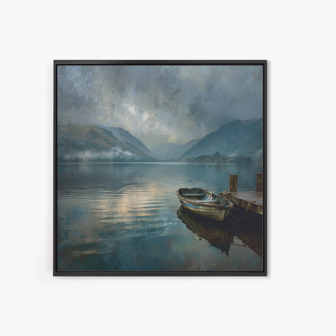 Moody Mountain Lake With Old Boat Wall Art, Misty Landscape Framed Canvas Print, Rustic Cabin Living Room Decor Housewarming Gift