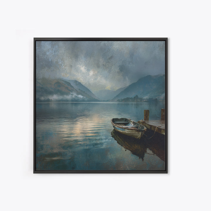 Moody Mountain Lake With Old Boat Wall Art, Misty Landscape Framed Canvas Print, Rustic Cabin Living Room Decor Housewarming Gift