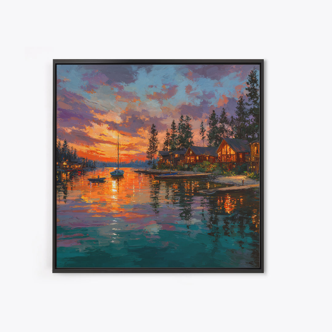 Glowing Lakeside Cabins At Sunset Wall Art, Coastal Landscape Canvas Print, Lake House Decor, Rustic Cabin Living Room Art