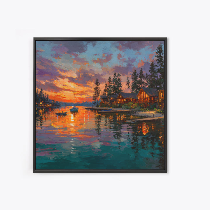 Glowing Lakeside Cabins At Sunset Wall Art, Coastal Landscape Canvas Print, Lake House Decor, Rustic Cabin Living Room Art