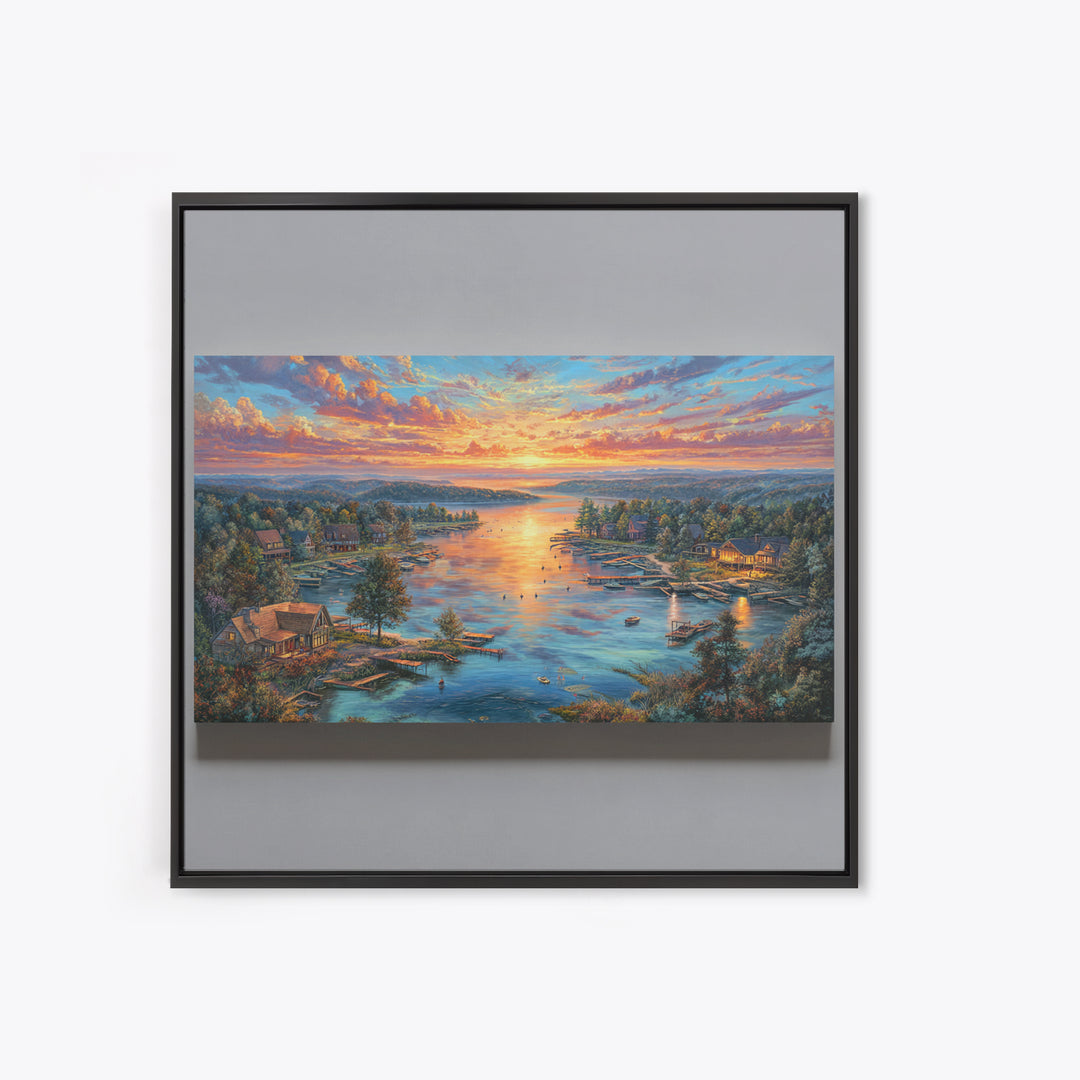 Sunset Lake Village Framed Canvas Print, Panoramic Landscape Wall Art, Coastal Cabin Decor, Large Living Room Art, Housewarming Gift