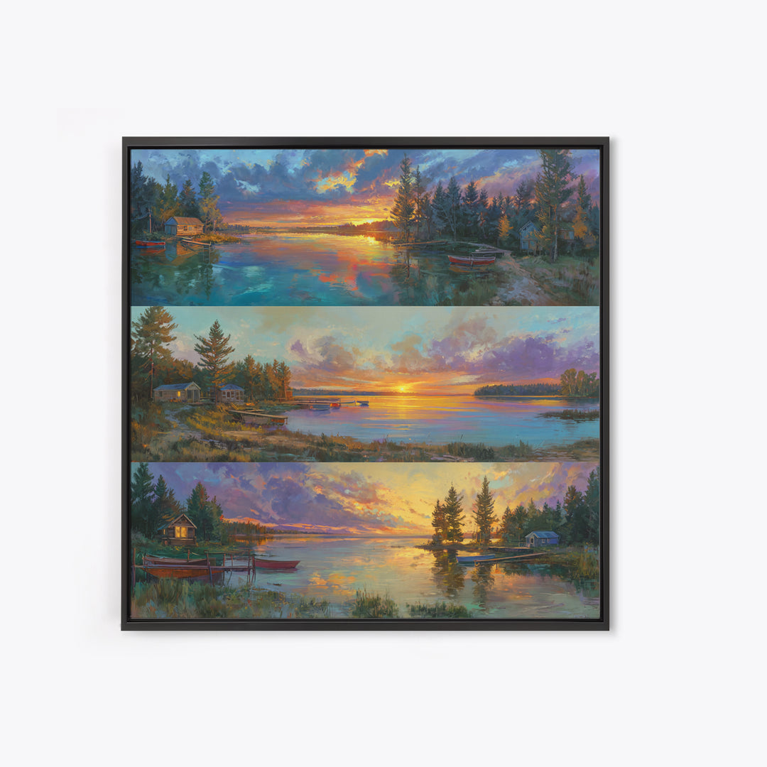 Three Serene Lake Sunset Panels Canvas Print, Panoramic Landscape Wall Art, Cabin Decor, Coastal Living Room Prints, Lake House Art