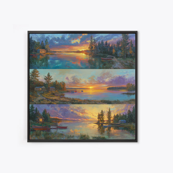 Three Serene Lake Sunset Panels Canvas Print, Panoramic Landscape Wall Art, Cabin Decor, Coastal Living Room Prints, Lake House Art