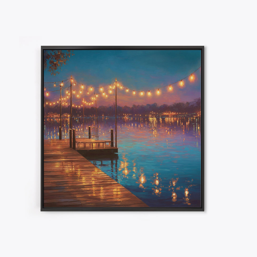 Twilight Lake Dock Lights Wall Art, Romantic Waterfront Canvas Print, Cozy Living Room Decor, Lake House Decor Gift For Her