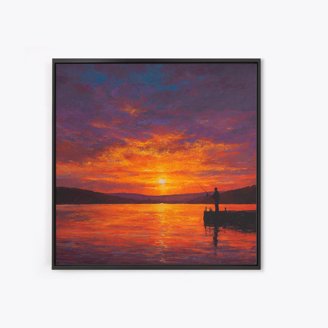 Fisherman At Fiery Sunset Wall Art, Serene Lake Landscape Canvas Print, Rustic Cabin Decor, Peaceful Nature Living Room Wall Art