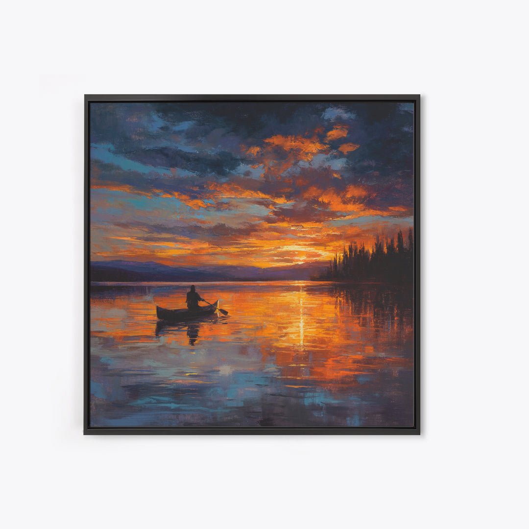 Canoe On Fiery Lake Sunset Framed Canvas Print, Impressionist Landscape Wall Art For Cozy Living Room Or Cabin Home Decor