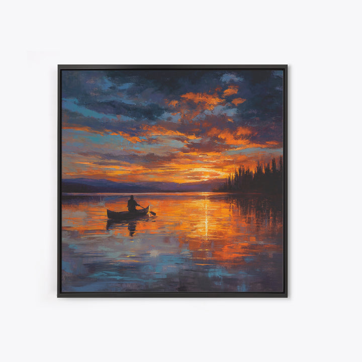 Canoe On Fiery Lake Sunset Framed Canvas Print, Impressionist Landscape Wall Art For Cozy Living Room Or Cabin Home Decor