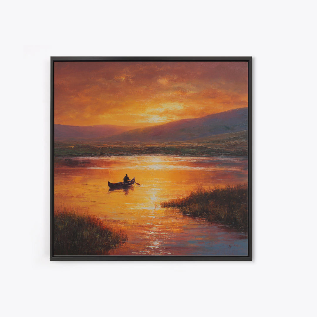 Golden Canoe At Sunset Lake Landscape Wall Art Canvas Print For Living Room Decor, Calming Nature Painting Home Decor
