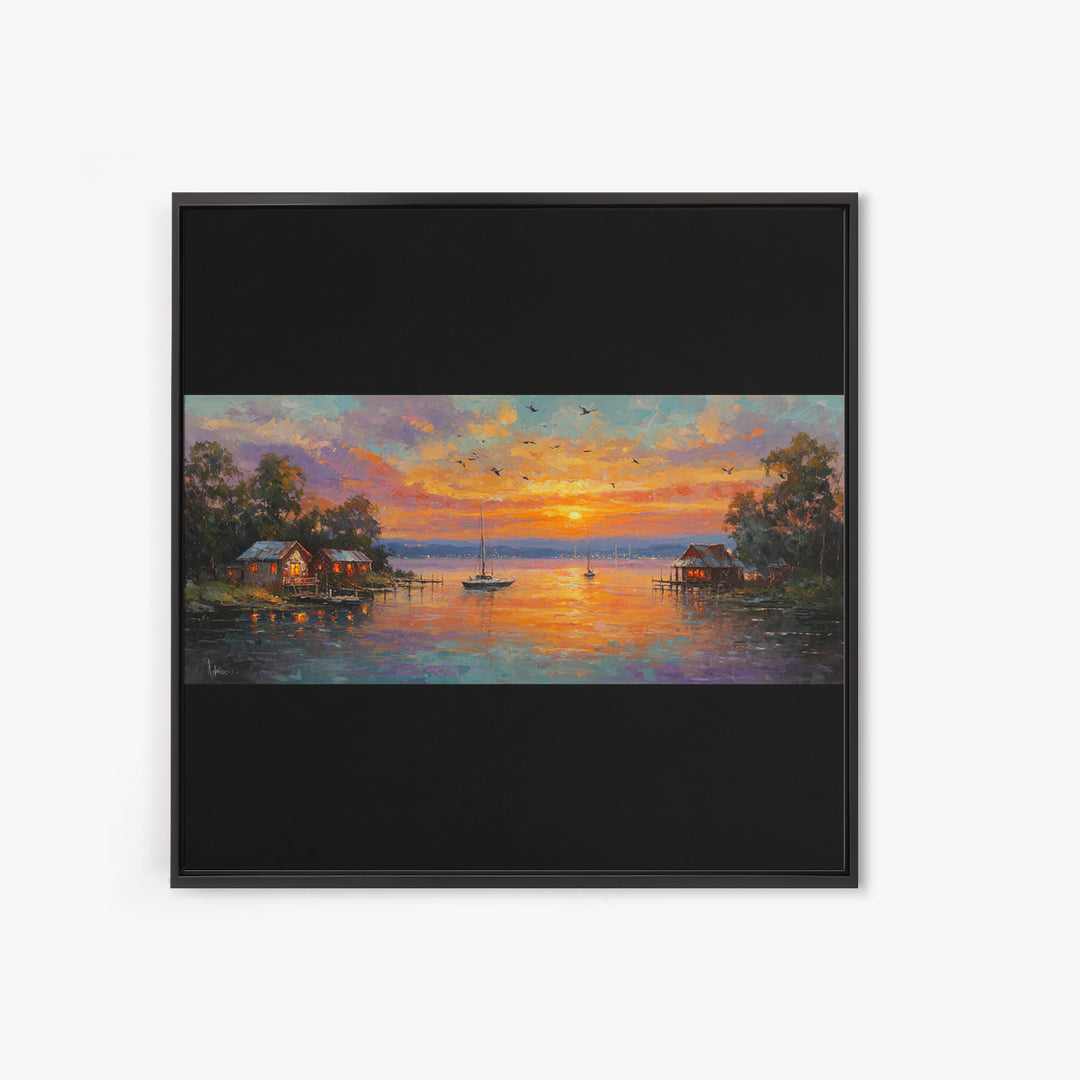 Sunset Lake Houses Palette Knife Painting Panoramic Wall Art Large Horizontal Canvas Print Coastal Wall Decor