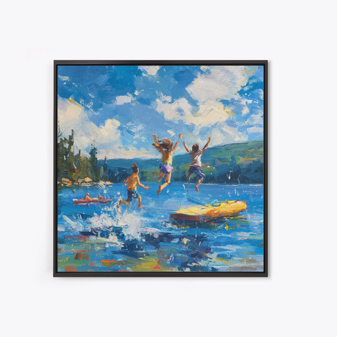 Kids Jumping Off Dock Lake Day Wall Art, Colorful Impressionist Summer Canvas Print, Playful Lake House Painting For Family Room Or Nursery