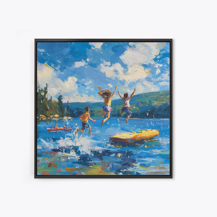 Kids Jumping Off Dock Lake Day Wall Art, Colorful Impressionist Summer Canvas Print, Playful Lake House Painting For Family Room Or Nursery