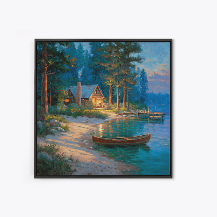 Cozy Lakeside Cabin At Dusk Landscape Wall Art Print, Rustic Lake House Home Decor, Nature Painting Living Room Wall Art