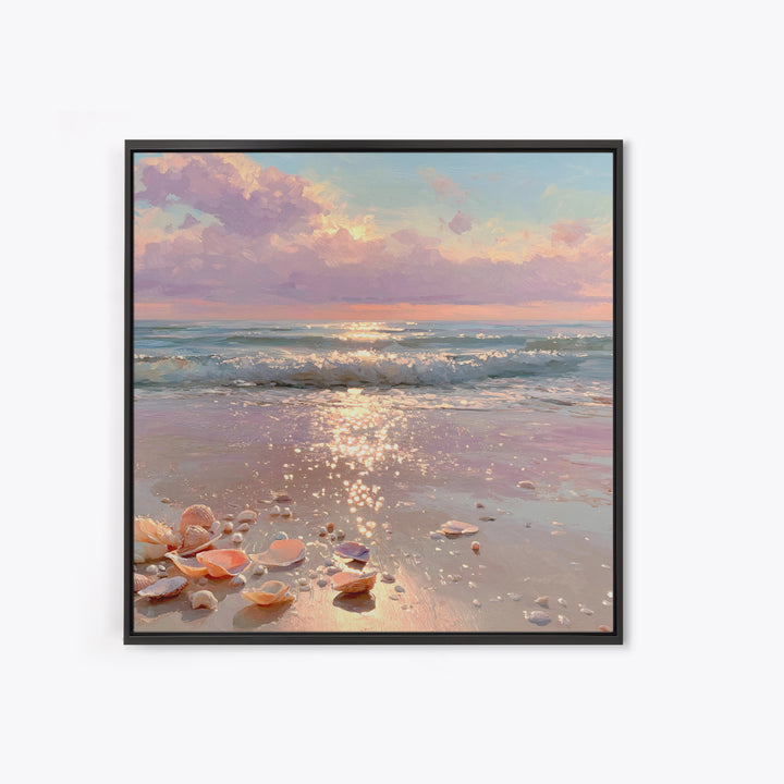 Sparkling Seashell Beach Sunrise Framed Canvas Print, Coastal Wall Art, Ocean Waves, Nautical Living Room Decor, Beach House Gift