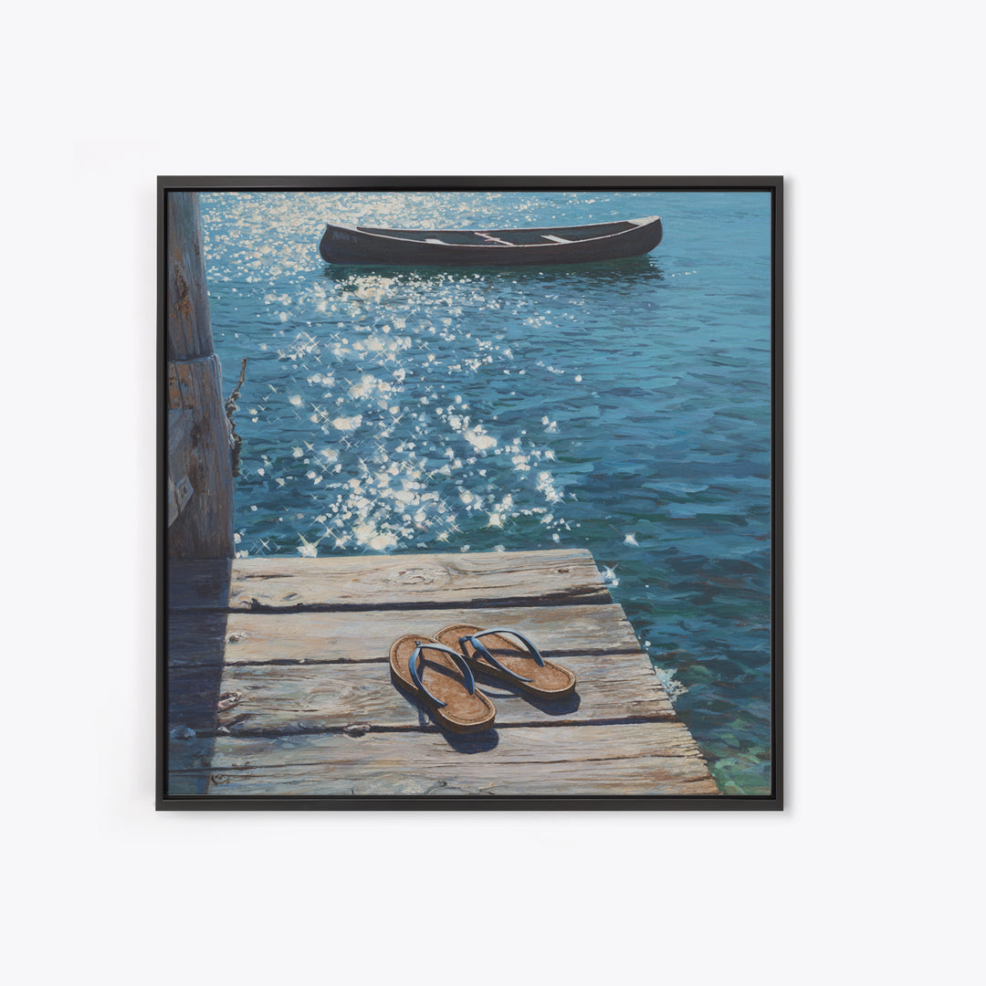 Sparkling Lake Dock With Boat Realism Wall Art, Coastal Summer Canvas Print, Beach House Decor Relaxing Ocean Lake Scene