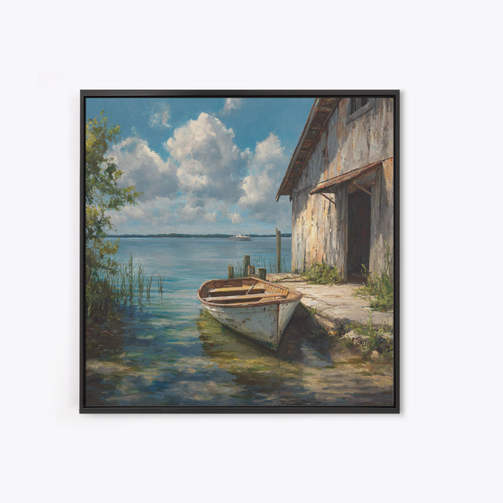 Peaceful Lakeside Barn Scene Wall Art Framed Canvas Print Rustic Country Home Decor For Living Room And Cozy Bedroom Decoration