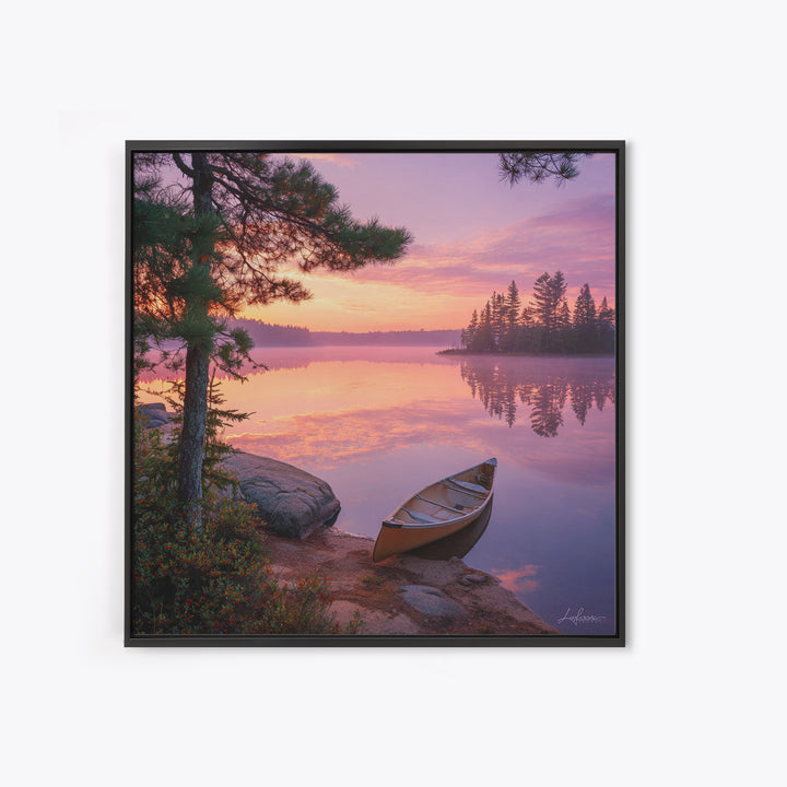 Canoe At Sunrise Lake Wall Art, Tranquil Morning Landscape Canvas Print, Nature Photography For Cabin Or Living Room Decor