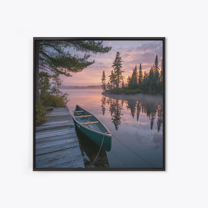 Tranquil Canoe At Sunrise Lake Landscape Wall Art Print, Serene Nature Photography, Cabin Rustic Home Decor Wall Art