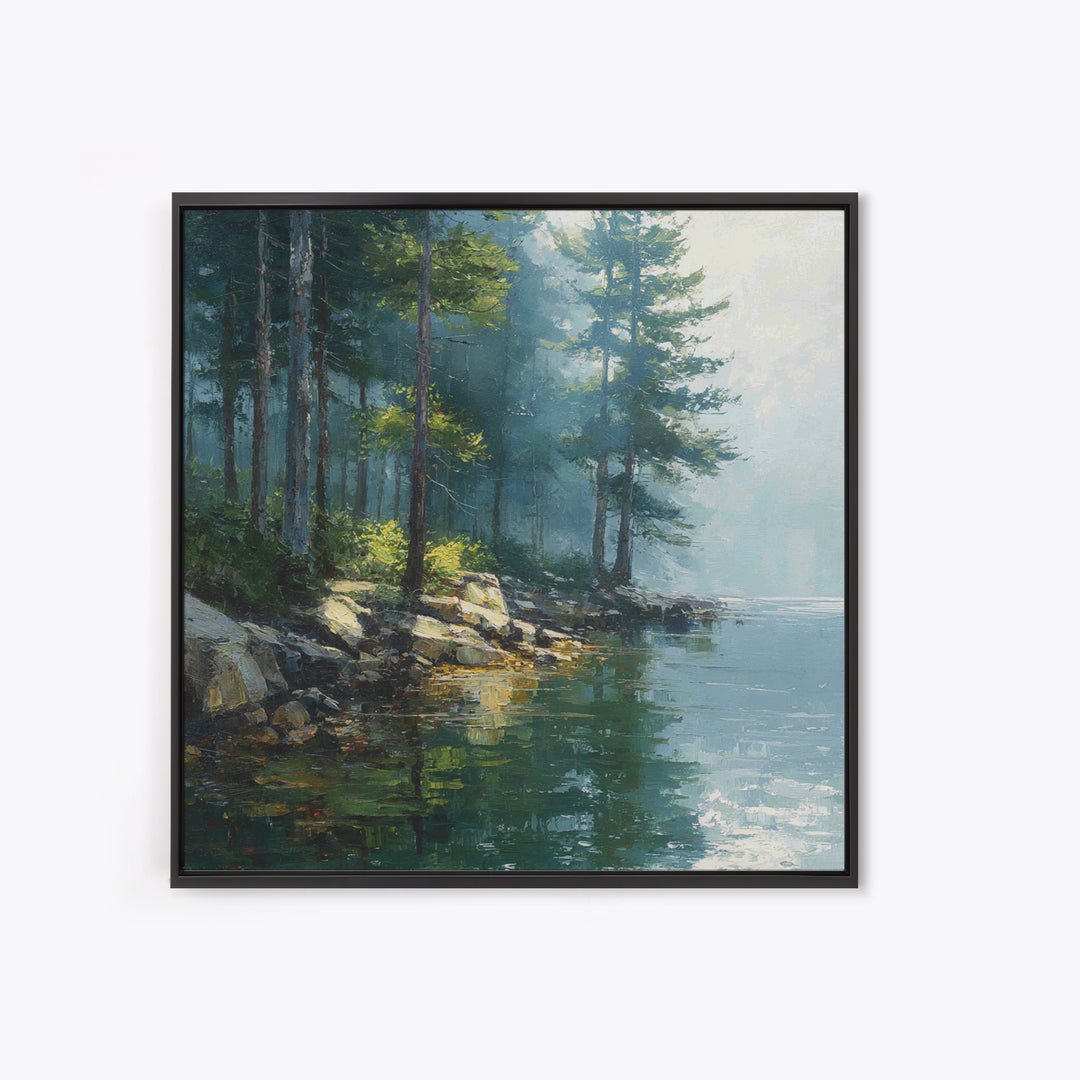 Misty Forest Lake Landscape Wall Art, Tranquil Nature Painting, Cabin Retreat Decor, Large Coastal Forest Canvas Print