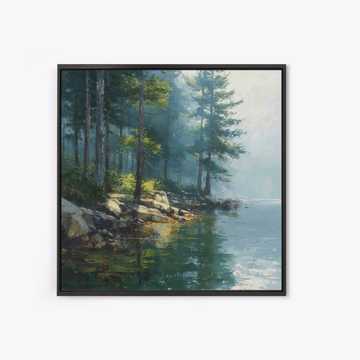 Misty Forest Lake Landscape Wall Art, Tranquil Nature Painting, Cabin Retreat Decor, Large Coastal Forest Canvas Print