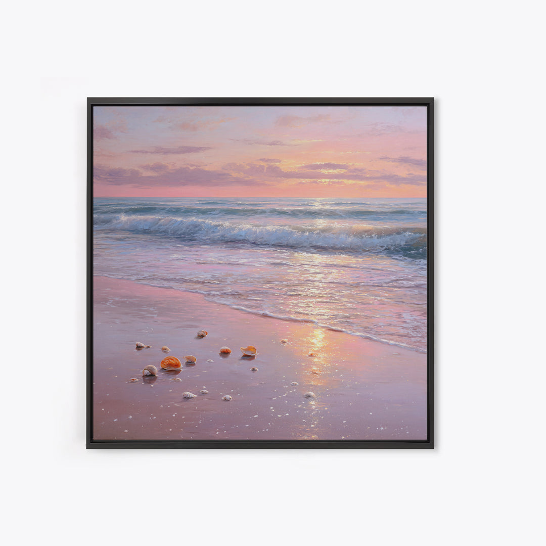 Pastel Sunset Ocean Shore With Seashells Canvas Print, Pink Coastal Wall Art, Beach House Decor, Calming Seascape, Living Room Wall Decor