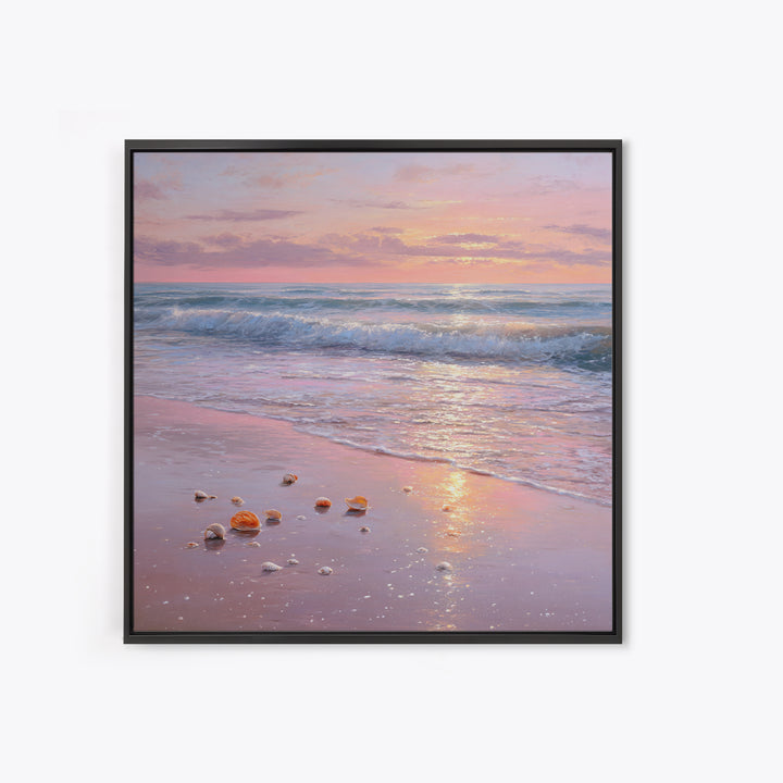 Pastel Sunset Ocean Shore With Seashells Canvas Print, Pink Coastal Wall Art, Beach House Decor, Calming Seascape, Living Room Wall Decor