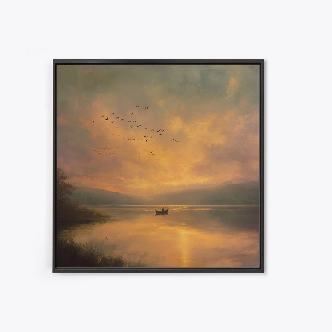 Golden Sunset Rowboat Landscape Wall Art, Romantic Lake Canvas Print For Cozy Living Room Decor And Bedroom Wall