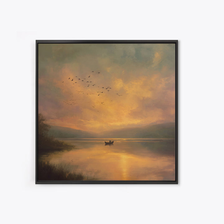Golden Sunset Rowboat Landscape Wall Art, Romantic Lake Canvas Print For Cozy Living Room Decor And Bedroom Wall