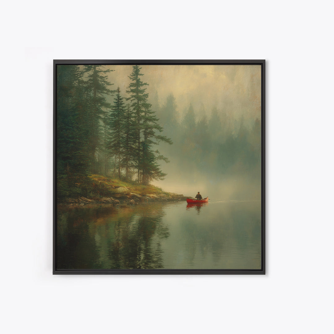 Misty Forest Lake With Red Canoe Wall Art, Peaceful Morning Landscape Canvas Print, Cozy Cabin Decor Artwork