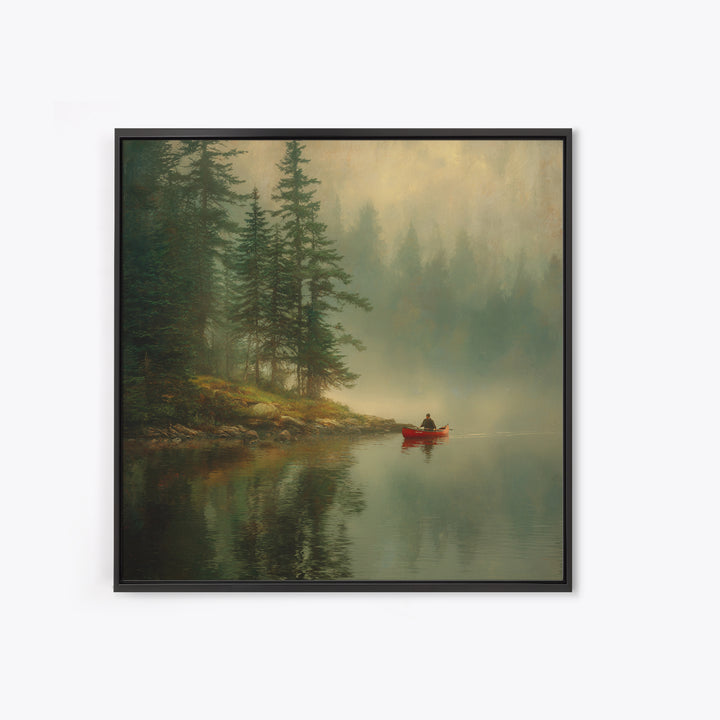 Misty Forest Lake With Red Canoe Wall Art, Peaceful Morning Landscape Canvas Print, Cozy Cabin Decor Artwork