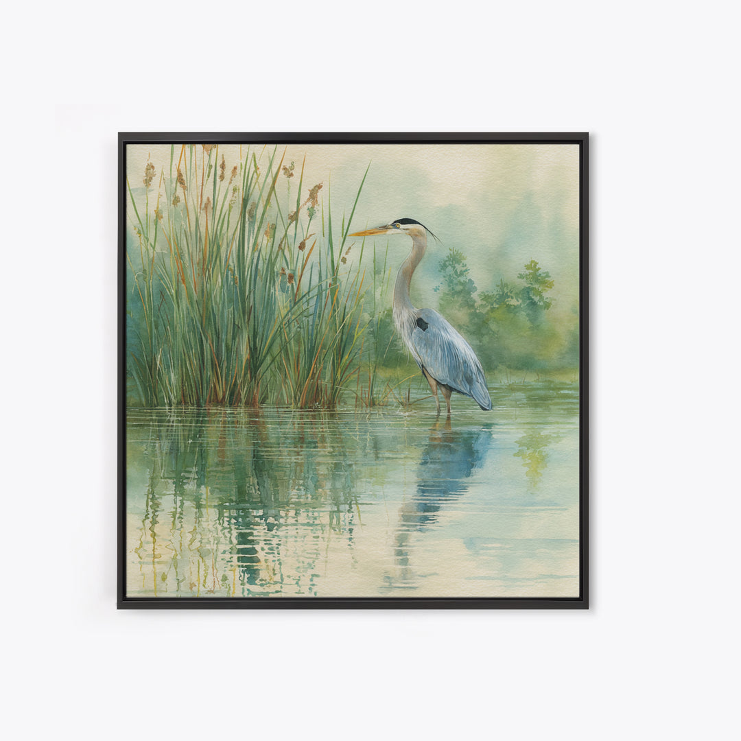 Heron Marsh Watercolor Wall Art, Nature Bird Canvas Print, Tranquil Coastal Landscape Art For Bathroom Or Living Room