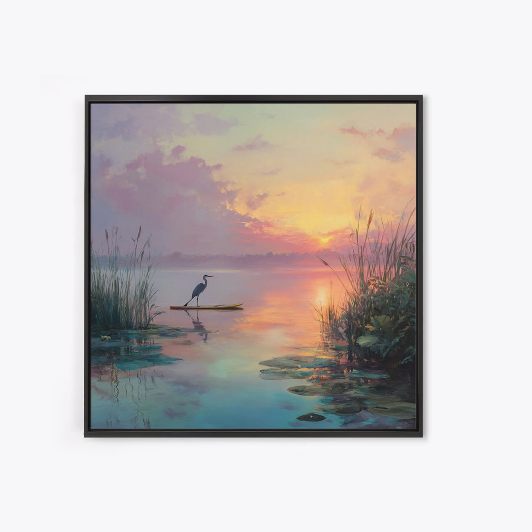 Pastel Lake Sunrise Heron Reeds And Lilies Landscape Wall Art Canvas Print Calming Nature Home Decor Bedroom Wall Art