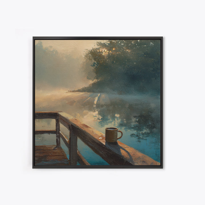 Misty Lake Morning Dock Wall Art, Coffee Mug By Water, Calming Landscape Canvas Print For Bedroom Or Living Room Decor
