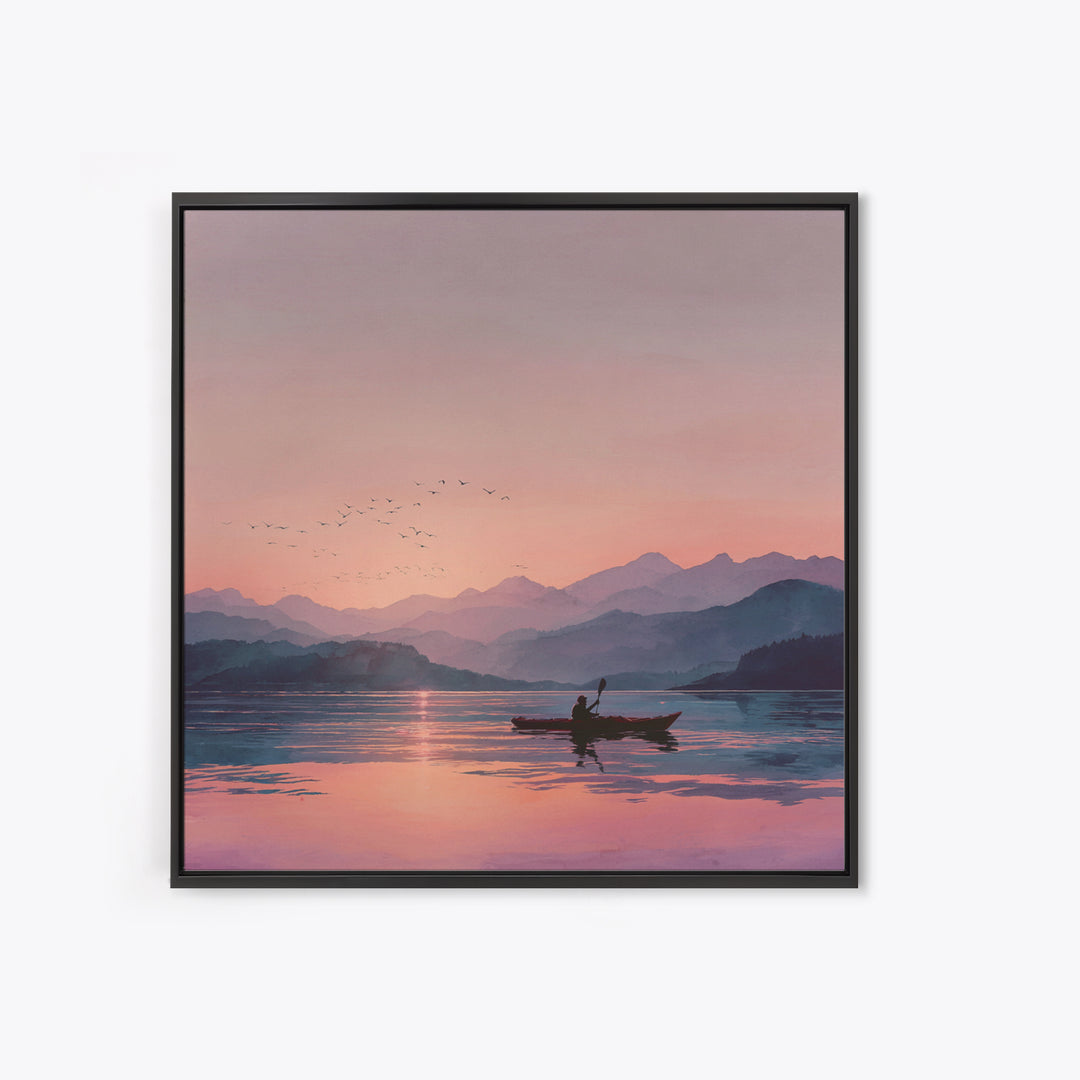 Serene Kayak At Pink Mountain Sunrise Landscape Wall Art, Calming Lake Painting, Nature Home Decor Canvas Print