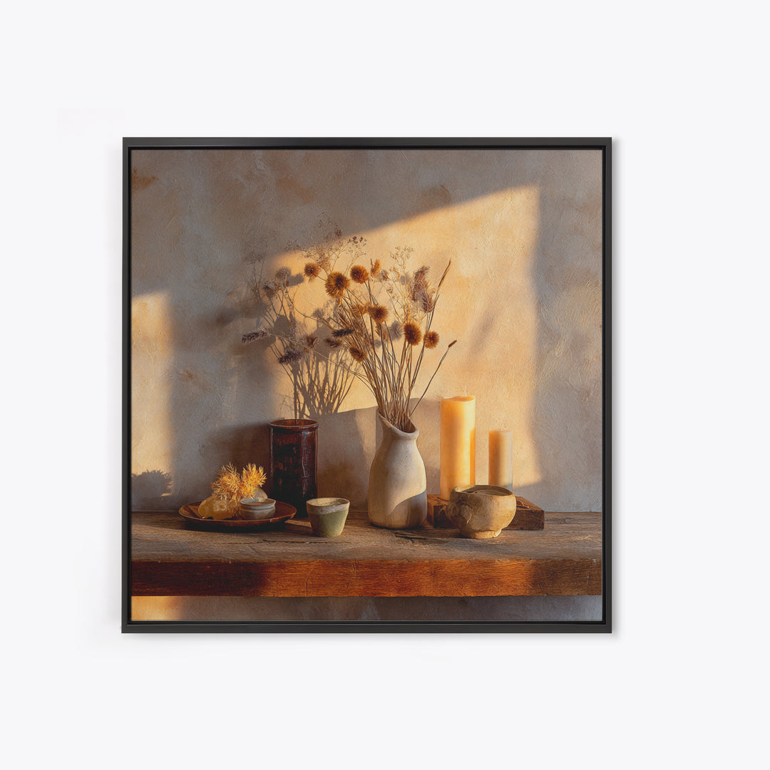 Rustic Dried Flower Still Life With Candles Wall Art, Neutral Wabi Sabi Decor, Farmhouse Shelf Fine Art Print, Warm Earth Tone Home Decor