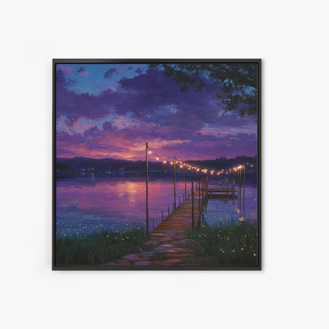Magical Lakeside Dock At Twilight Wall Art, Firefly Lake Sunset Painting, Calming Landscape Canvas Print Home Decor