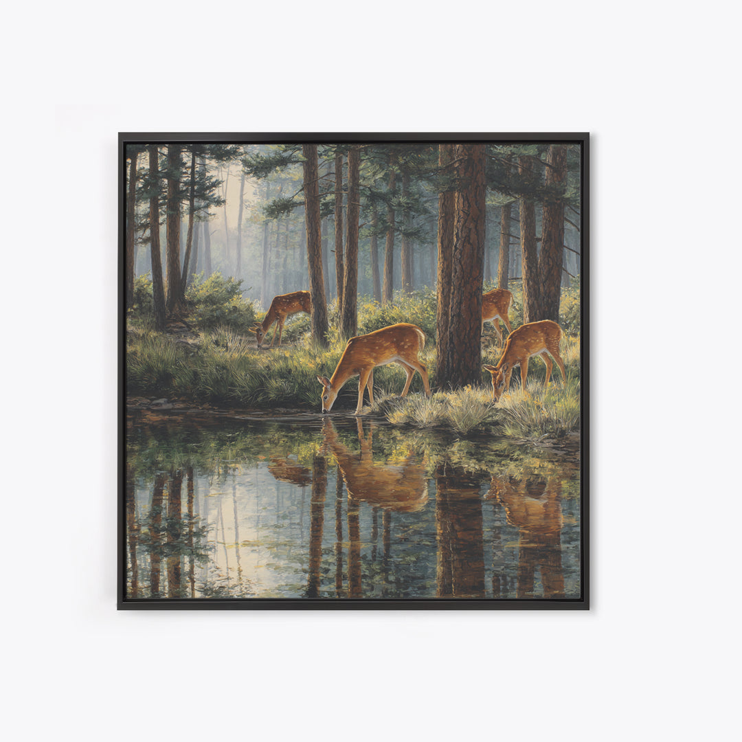 Deer Drinking At Forest Lake Wall Art, Peaceful Wildlife Landscape Canvas Print, Rustic Cabin Decor, Nature Inspired Living Room Art