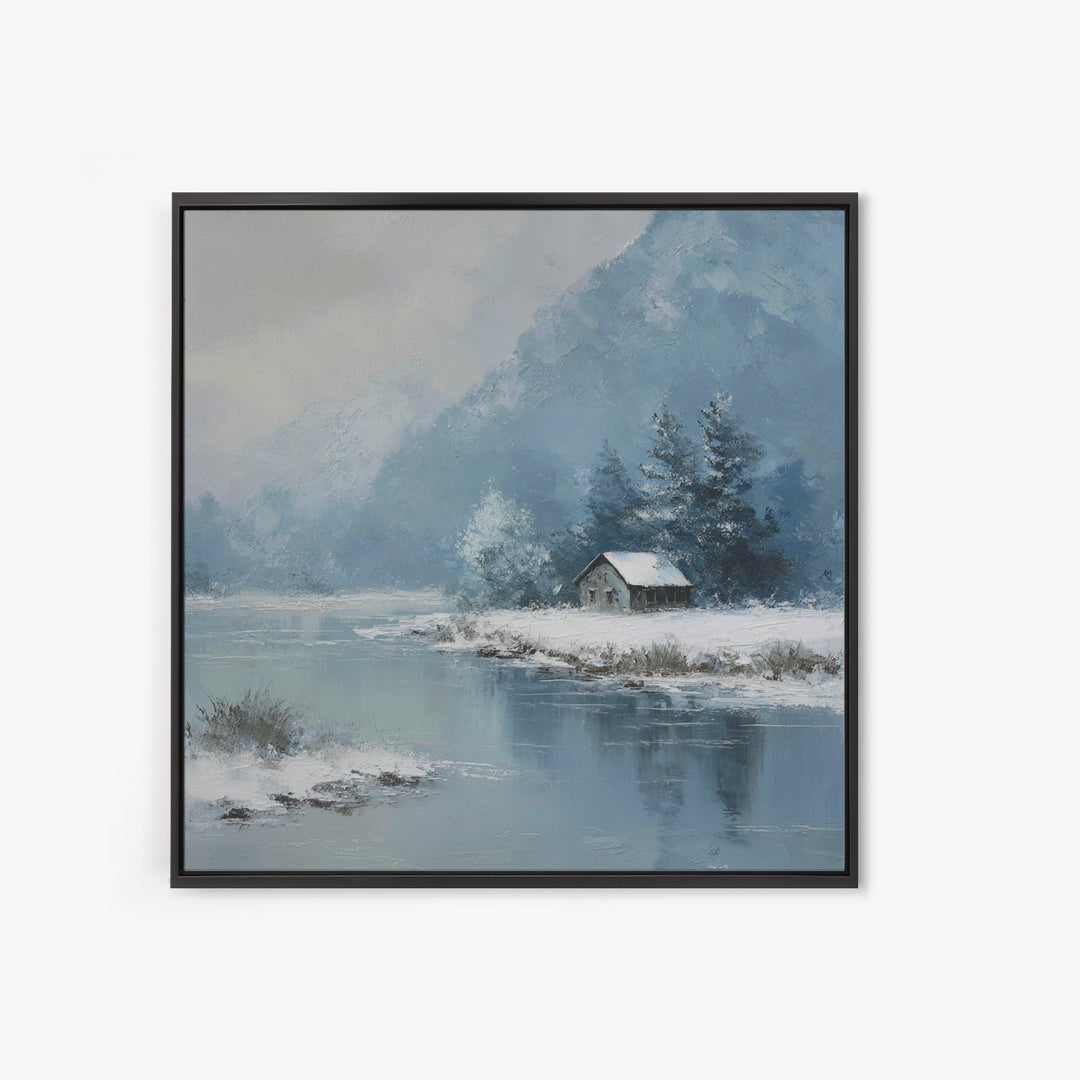 Winter Cabin By Lake Wall Art, Snowy Mountain Landscape Canvas Print, Cozy Rustic Home Decor For Living Room Or Cabin