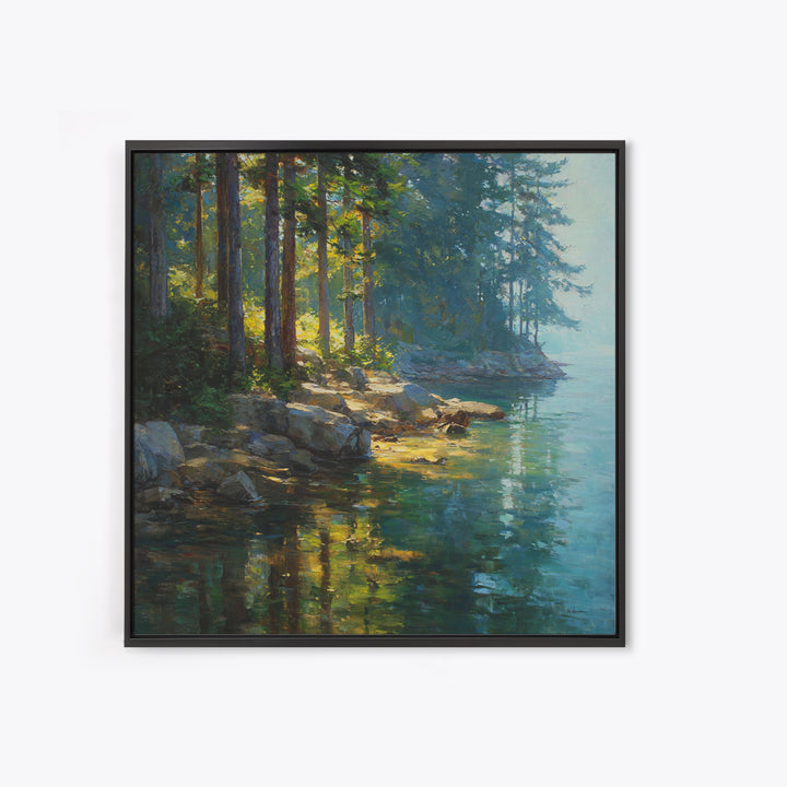 Sunlit Forest Lake With Reflections Landscape Wall Art, Nature Painting For Cabin Or Living Room, Canvas Print