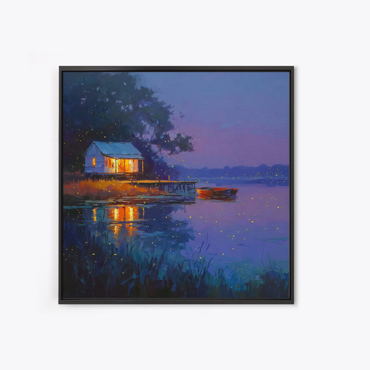 Cozy Lake Cabin At Dusk Framed Canvas Print, Fireflies Over Water Landscape Art, Rustic Wall Art For Cottage Or Living Room