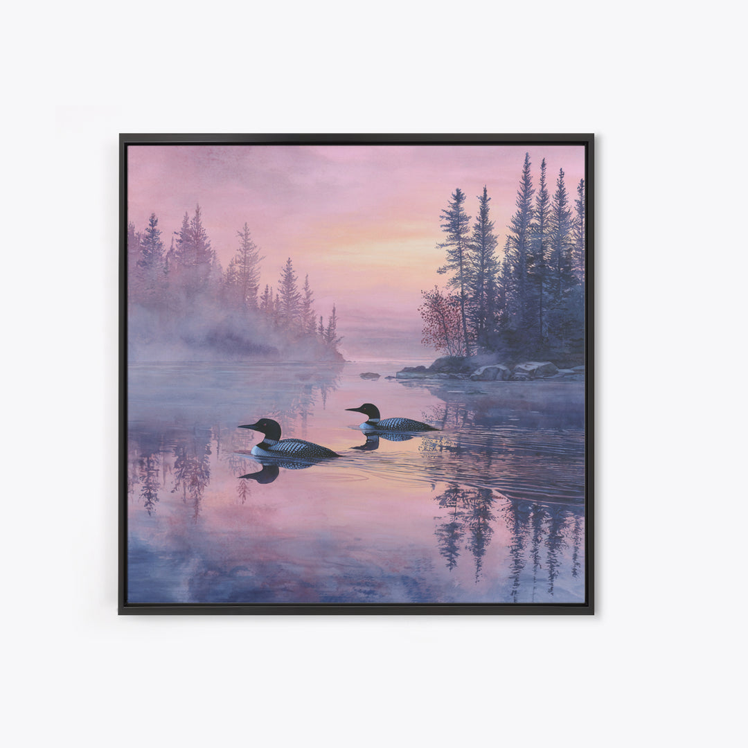 Misty Loon Lake Sunrise Wall Art, Tranquil Forest Landscape Canvas Print, Serene Cabin Decor, Peaceful Lake House Bedroom Art
