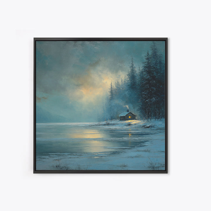 Cozy Winter Cabin By Frozen Lake Wall Art, Snowy Forest Landscape Framed Canvas Print, Rustic Cabin Decor, Calming Artwork